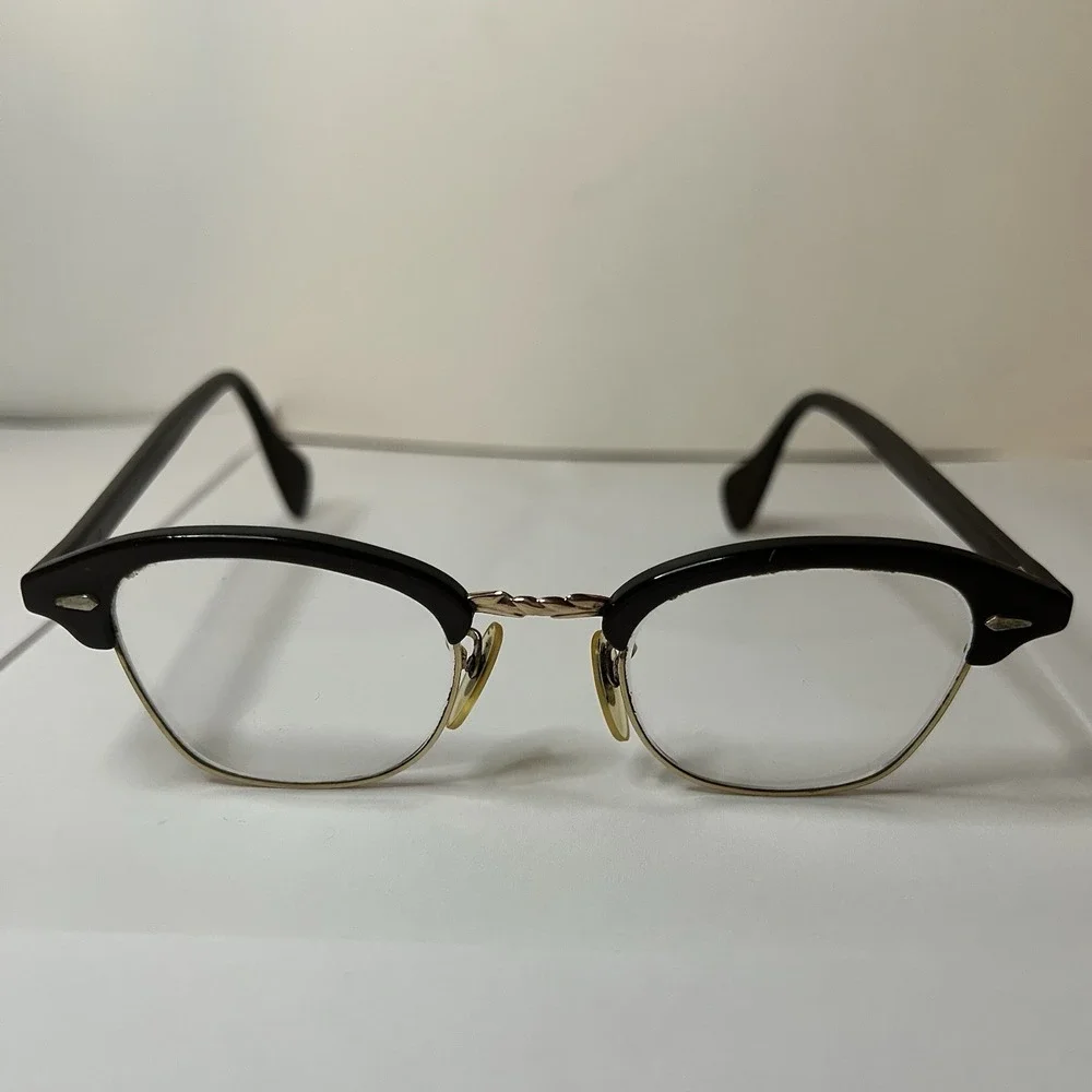 Vintage Mid Century Aluminum Horn Rim Browline Metal Retro Eyeglasses 12K GF